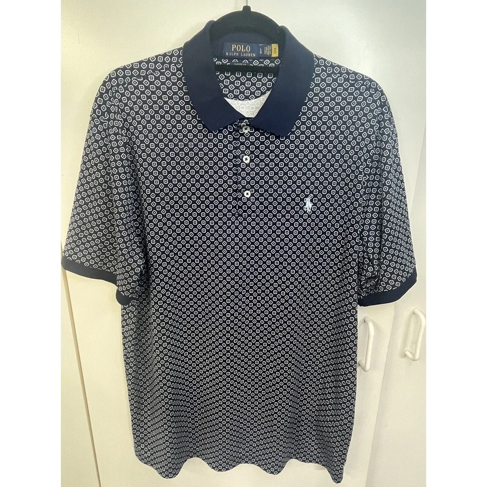 Polo Ralph Lauren Navy Blue Printed Cotton‎ Knit Polo T-Shirt 2XL Size: L